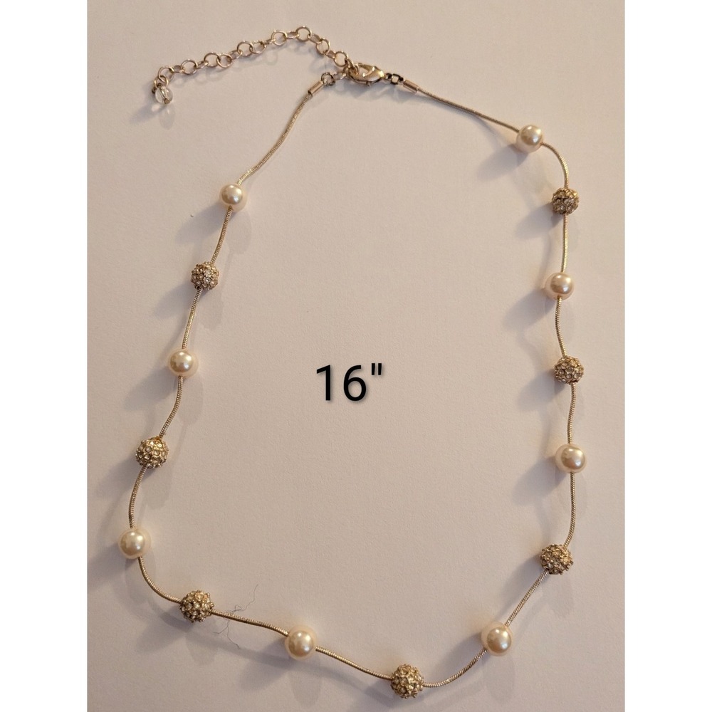 Gold Tone Faux Pearl Rhinestone Pave Ball Snake Chain Necklace 16 Inch